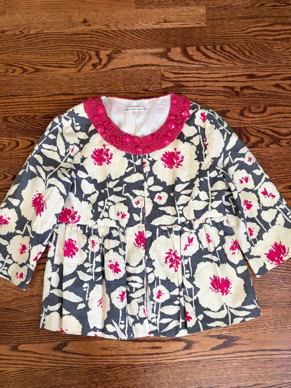 Nanette Lepore Pink Gray Cream Beaded Floral Cotton Jacket, Womens Size 8 Medium